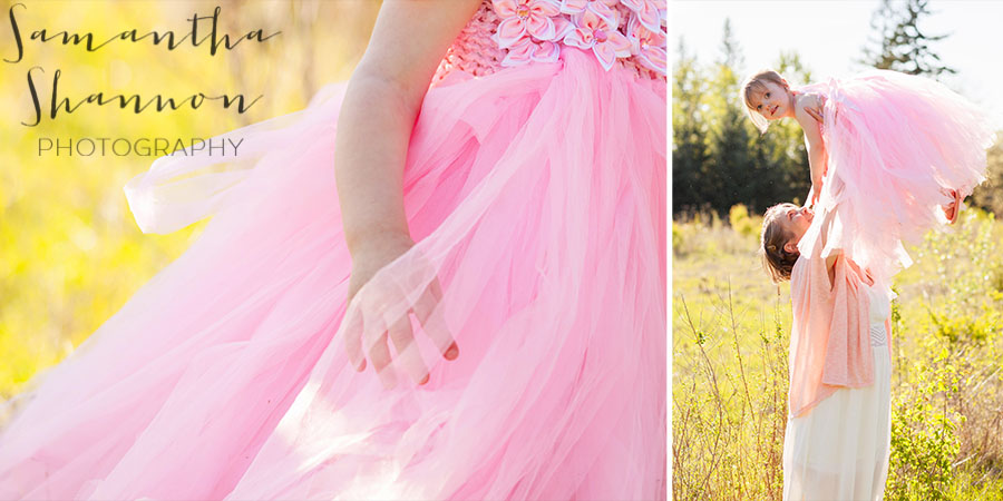 Sunset family photo session | Mom and daughter in tulle puffy pink dress in a field | Hillsboro, OR Photographer