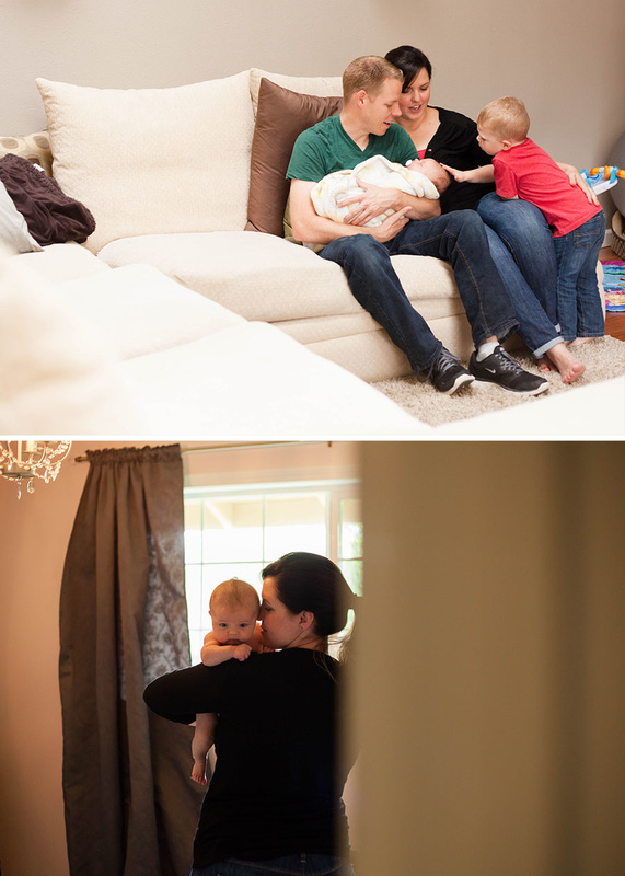 Family lifestyle newborn session at home on the couch.  Mom and baby newborn lifestyle session in nursery.