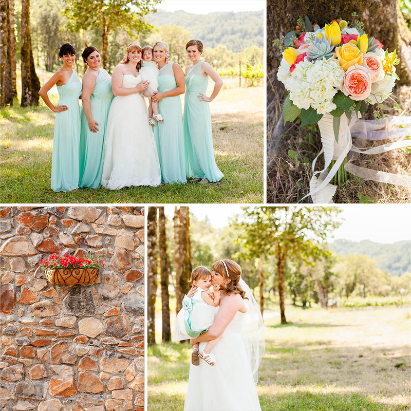 seafoam aqua teal bridesmaids dresses with pink peonies and succulents bouquet, maysara winery wedding bridal party portrait hillsboro wedding photographer