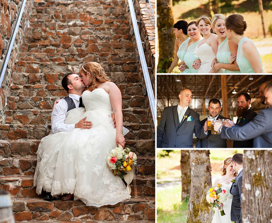 bridal portraits at maysara winery wedding field in mcminnville, staircase, groomsmen, bridesmaids hillsboro wedding photographer