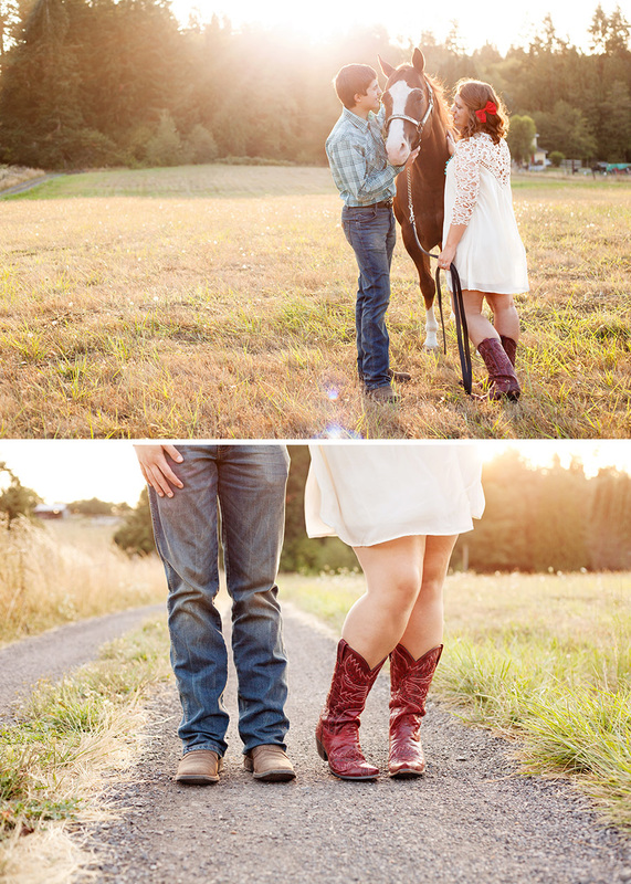 Engagement session with a horse in a field with lace dress cowboy boots at stable in goble oregon, columbia county.  St Helens Wedding Photographer