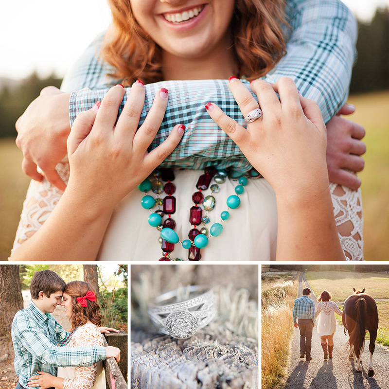 Engagement session with a horse in a field with lace dress cowboy boots at stable in goble oregon, columbia county.  St Helens Wedding Photographer