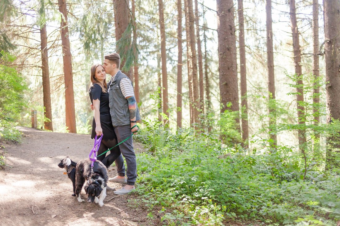 Forest engagement photos with dogs | Hillsboro wedding photographer