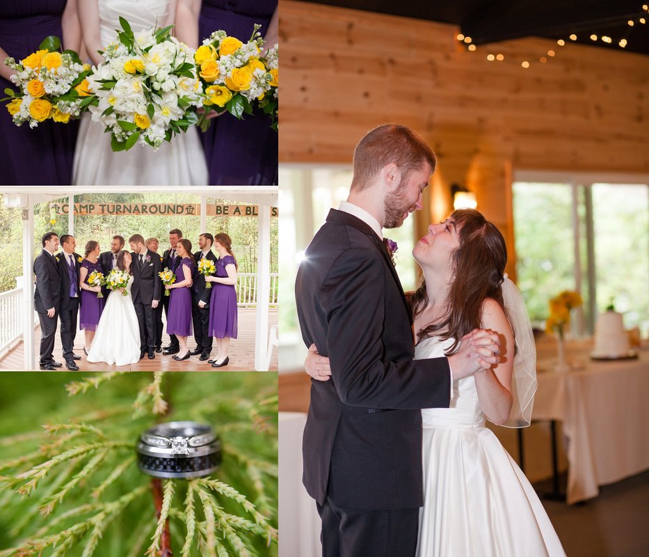 Wedding details at Gales Creek Wedding: yellow flowers, purple bridesmaids dresses