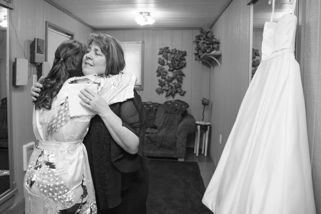 camp turnaround wedding mom and bride