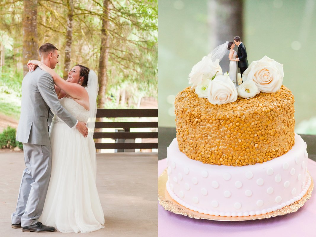 Reedville Catering Wedding Cake pink and gold at Horning's Hideout Wedding at Stage Area in North Plains, Oregon | Newberg and Hillsboro Wedding Photographer