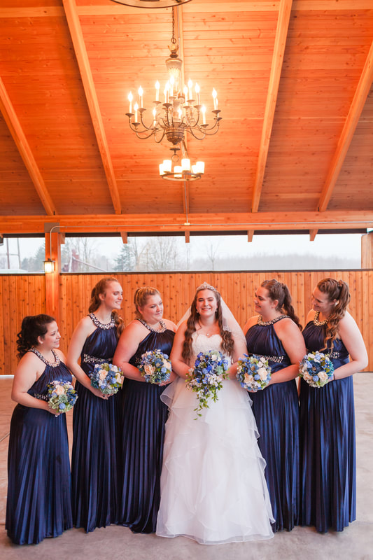 Troutdale House rustic lodge deck bridesmaid photos, blue and white wedding colors | Newberg, OR and Hillsboro, OR wedding photographer