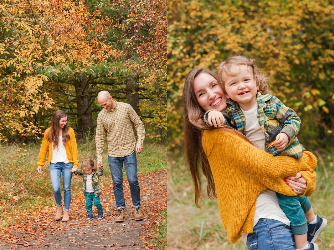 Mustard and plaid hiking fall family pictures in forest at Cooper Mountain Nature Park in Aloha, Oregon | Newberg and Hillsboro family photographer