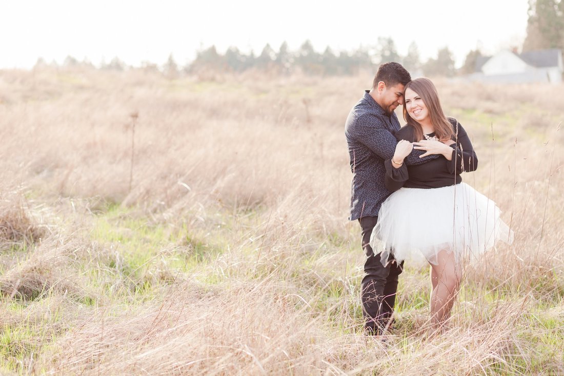 Champoeg State Park Engagement photo session in a field with a tulle skirt | Hillsboro and Newberg wedding photographer
