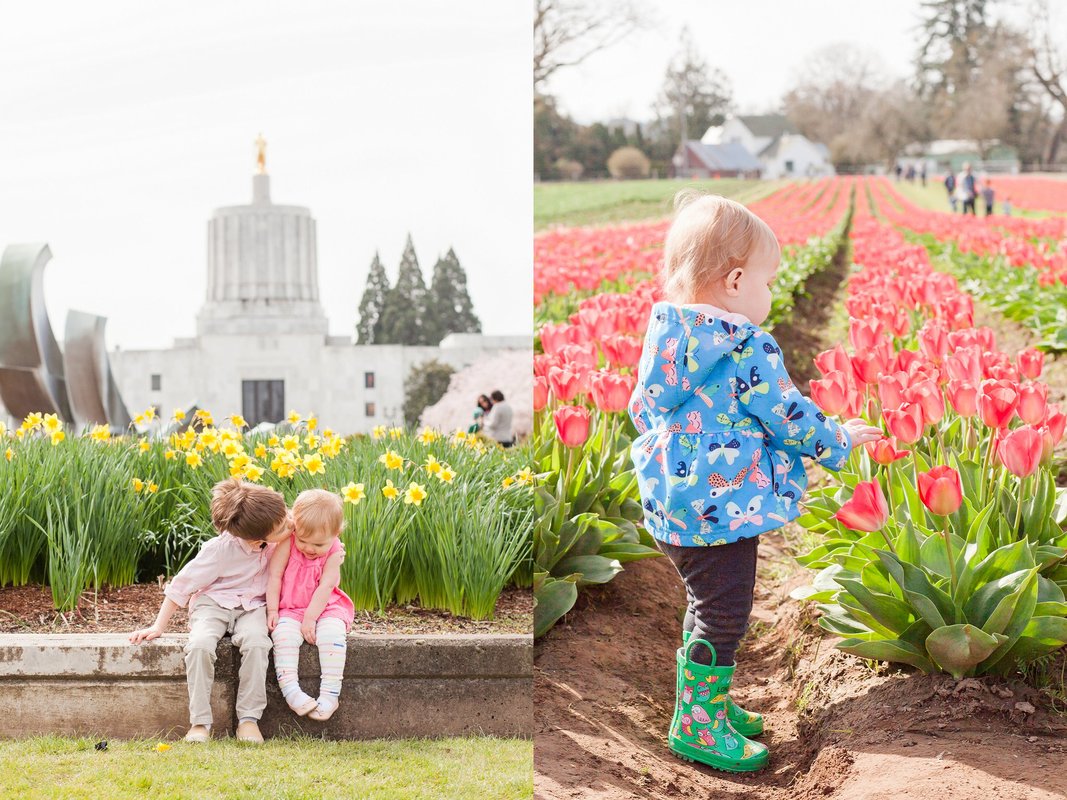 Oregon State Capitol during Cherry Blossom season and Wooden Shoe Tulip Festival in Woodburn | Newberg and Hillsboro, OR family photographer