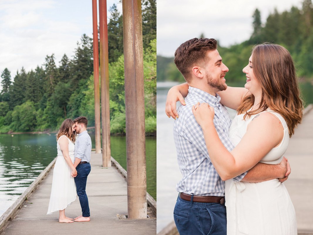 Engagement pictures on the dock at Champoeg State Park in Newberg, Oregon | Hillsboro wedding photographer