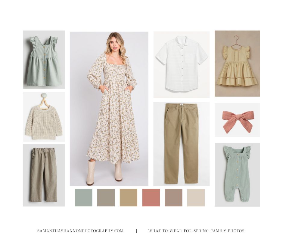 What to wear for spring family pictures: floral dress, sage and neutral muslin