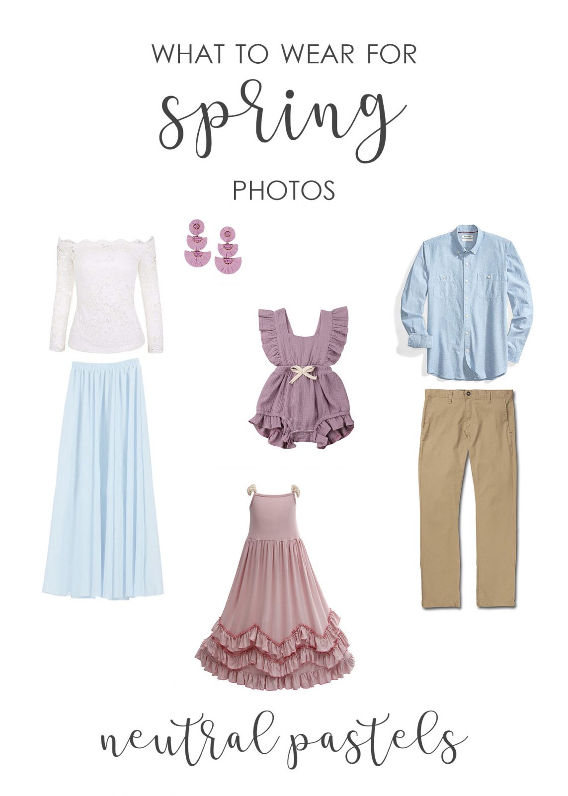 wardrobe idea for family pictures or engagement pictures - neutral pastels lavender chambray and rose