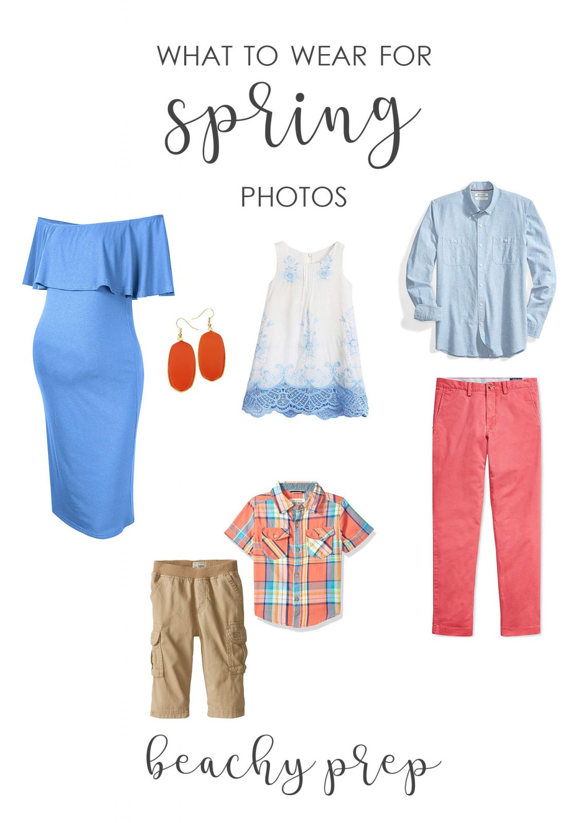wardrobe idea for family or engagement pictures - coral and cobalt blue chambray nantucket red
