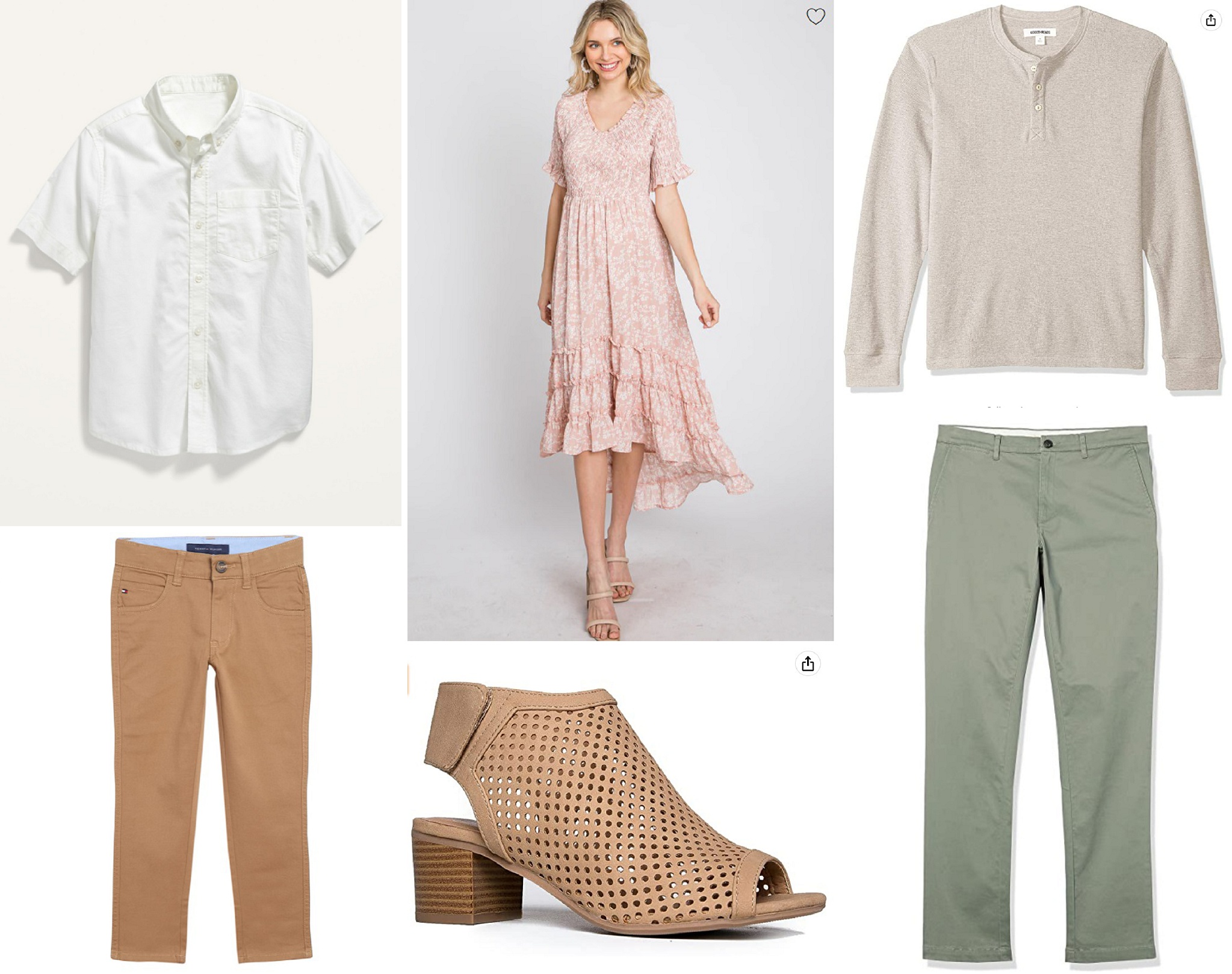 neutral outfits with oatmeal, blush, and olive for spring family picture outfit inspiration