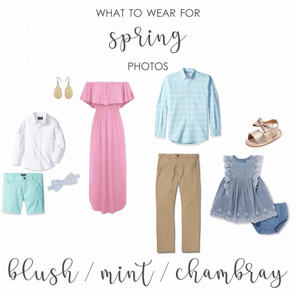 A spring family picture outfit example with pastel pinks and blues.