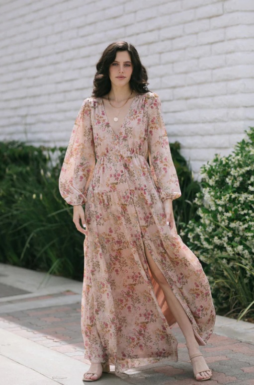 A flowy dress for photoshoot, the Tilly V Neck Maxi Dress from Morning Lavender in blush floral.