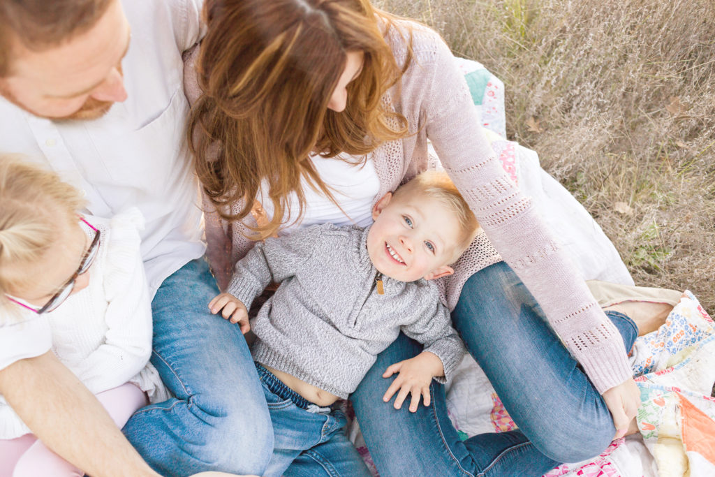 overhead photo of family sitting in a field on a quilt