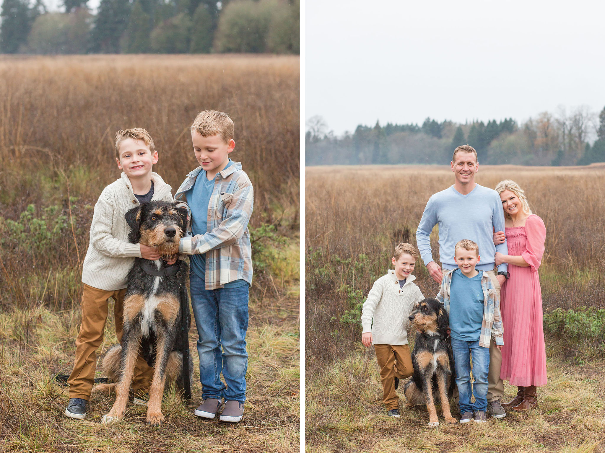 family photos in newberg oregon field on a rainy day with a dog