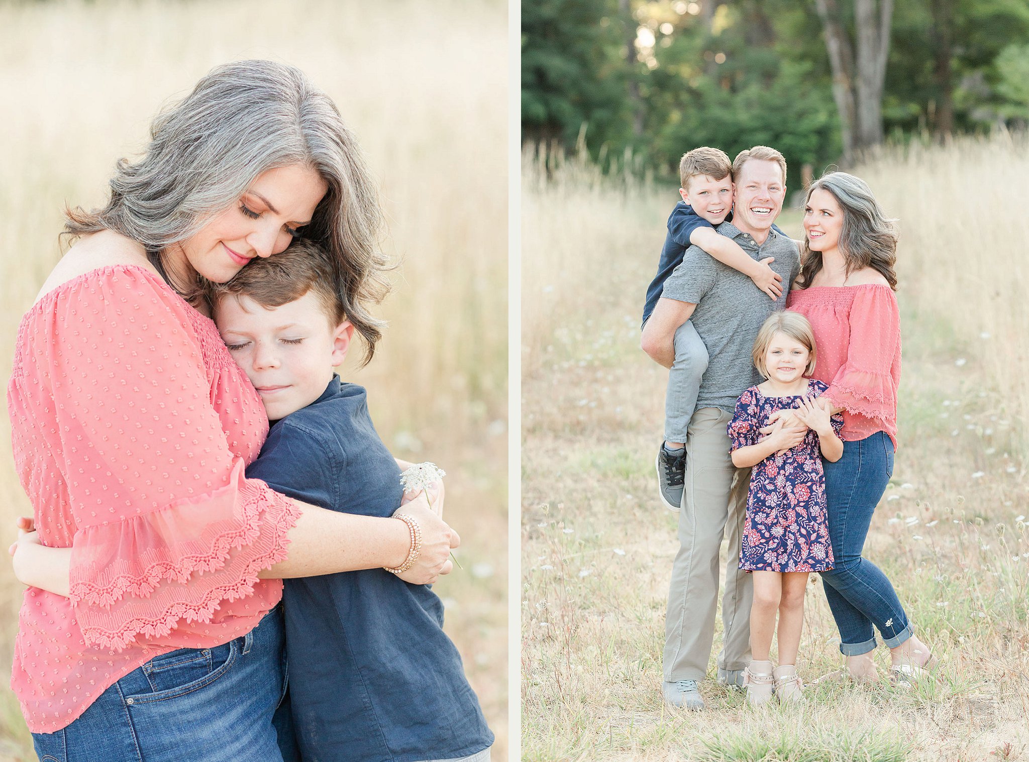 mom and son photo next to family of four photo in a field