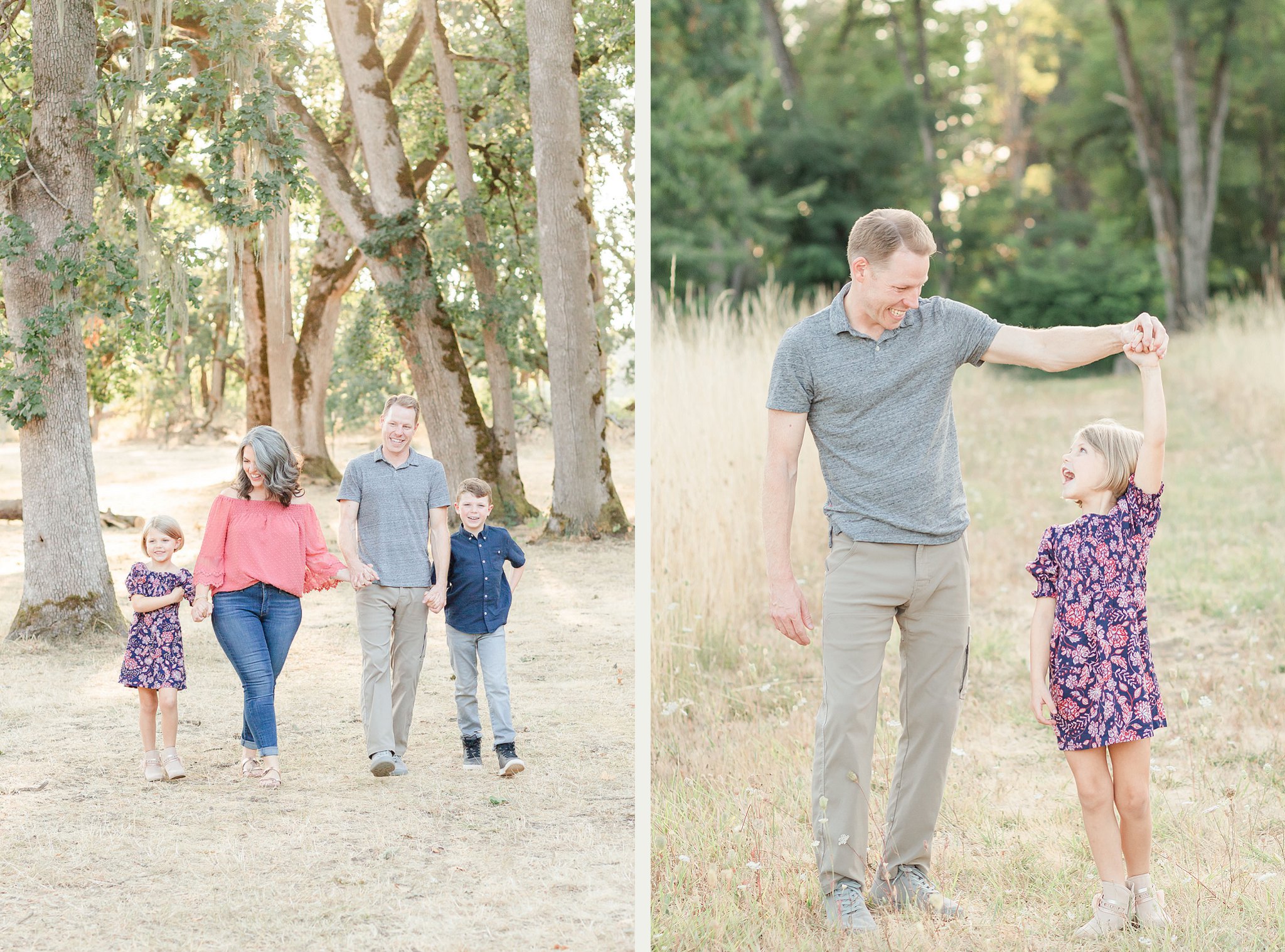 family walking together in an oak grove