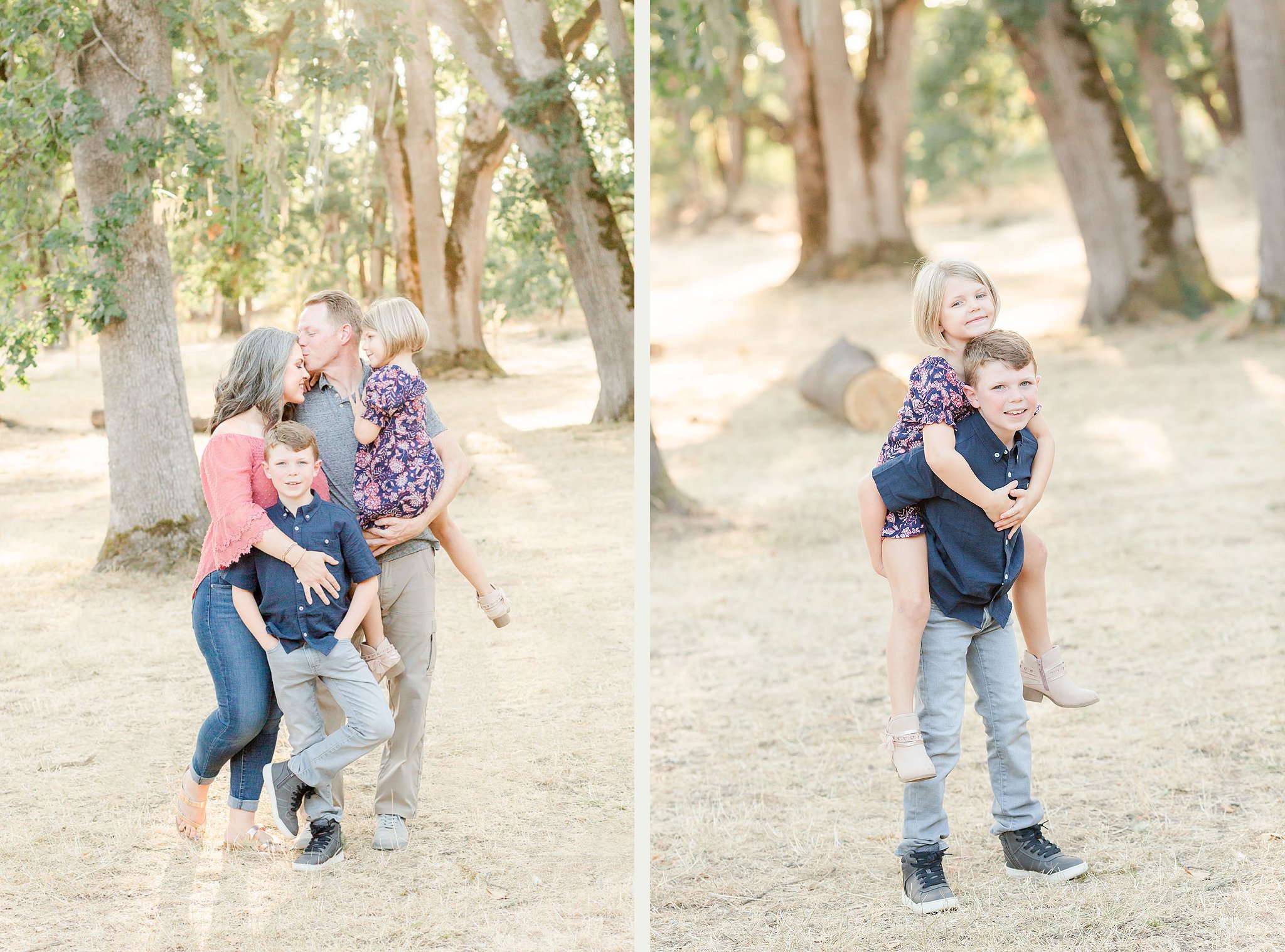 portland family photos in an oak grove with a family of four