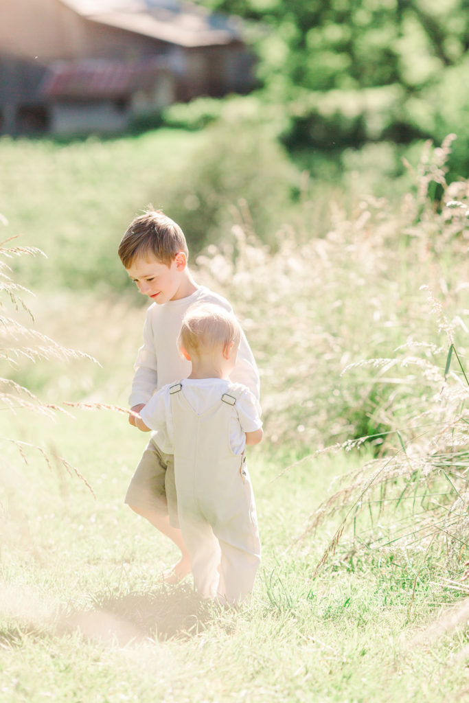 two toddler boys at a brothers photoshoot hold hands in a field and spin