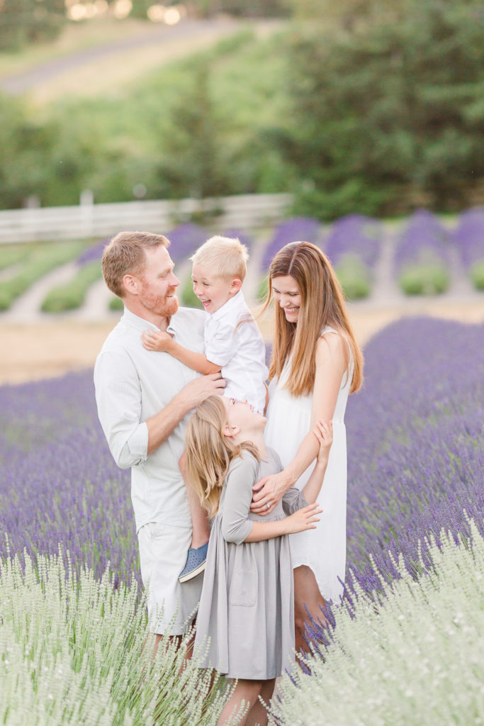 family at a lavender flower field near Portland Oregon