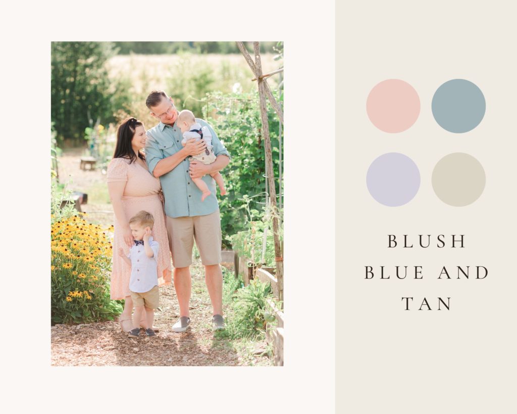 family of four in a garden with blue and pink outfits