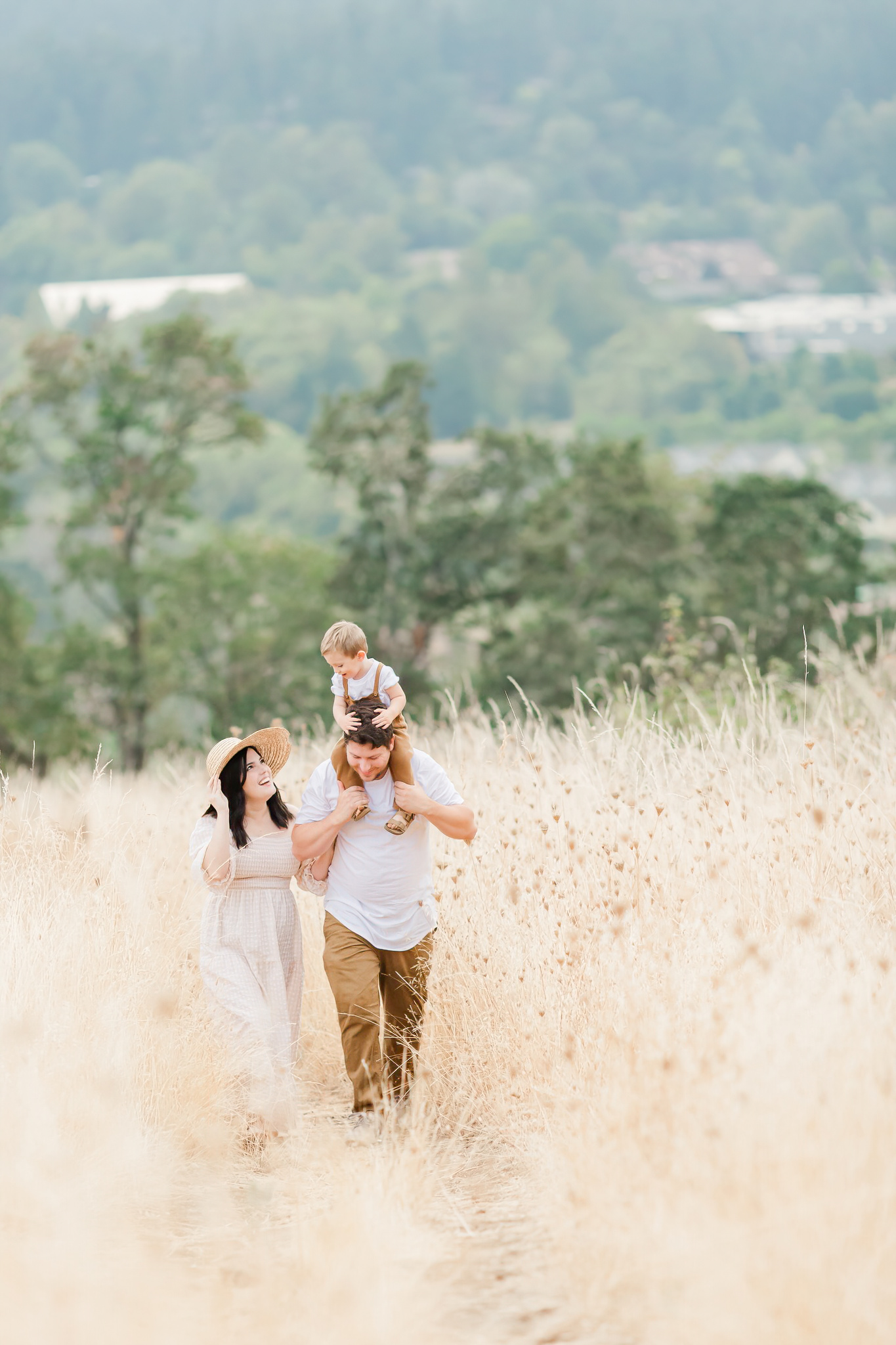 family of three in a field with a view by albany oregon photographer samantha shannon