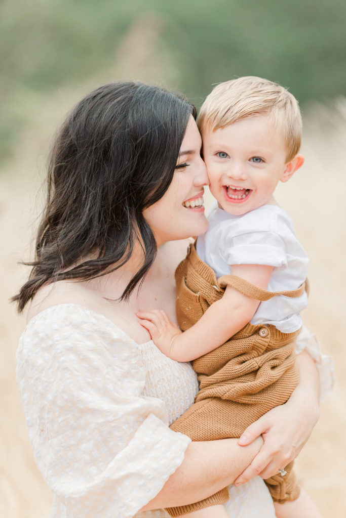 mom and baby in gingham and neutral colors