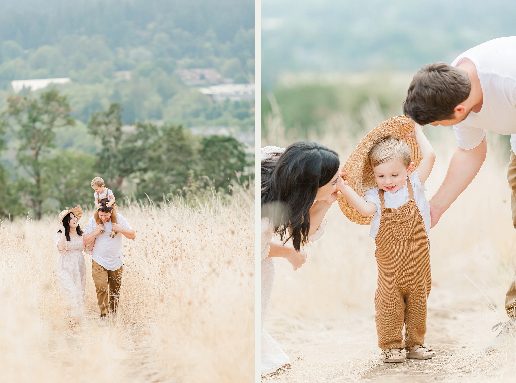 Gingham dress, neutral colors, and straw hat in cottagecore family photos by Albany Oregon photographer Samantha Shannon