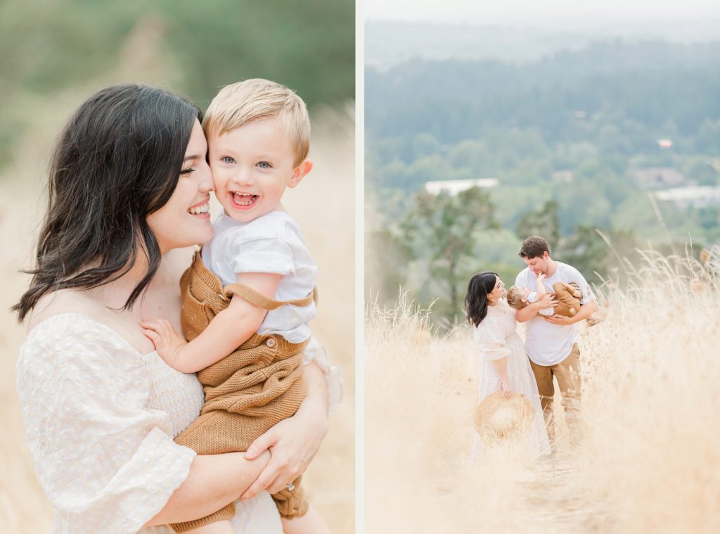 Gingham dress, neutral colors, and straw hat in cottagecore family photos by Albany Oregon photographer Samantha Shannon