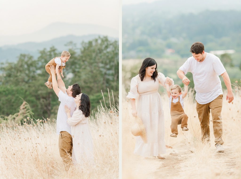 Gingham dress, neutral colors, and straw hat in cottagecore family photos by Albany Oregon photographer Samantha Shannon
