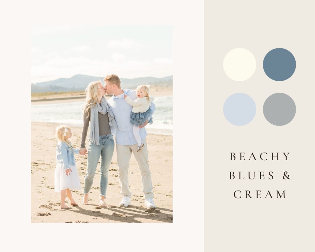 beach family photo in blue and cream color palette