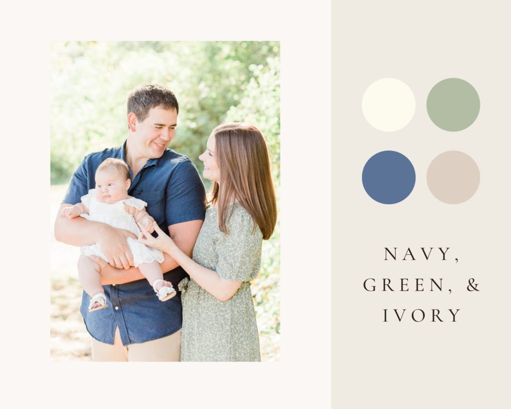 Family of three in their best colors for family pictures outside: blue and green
