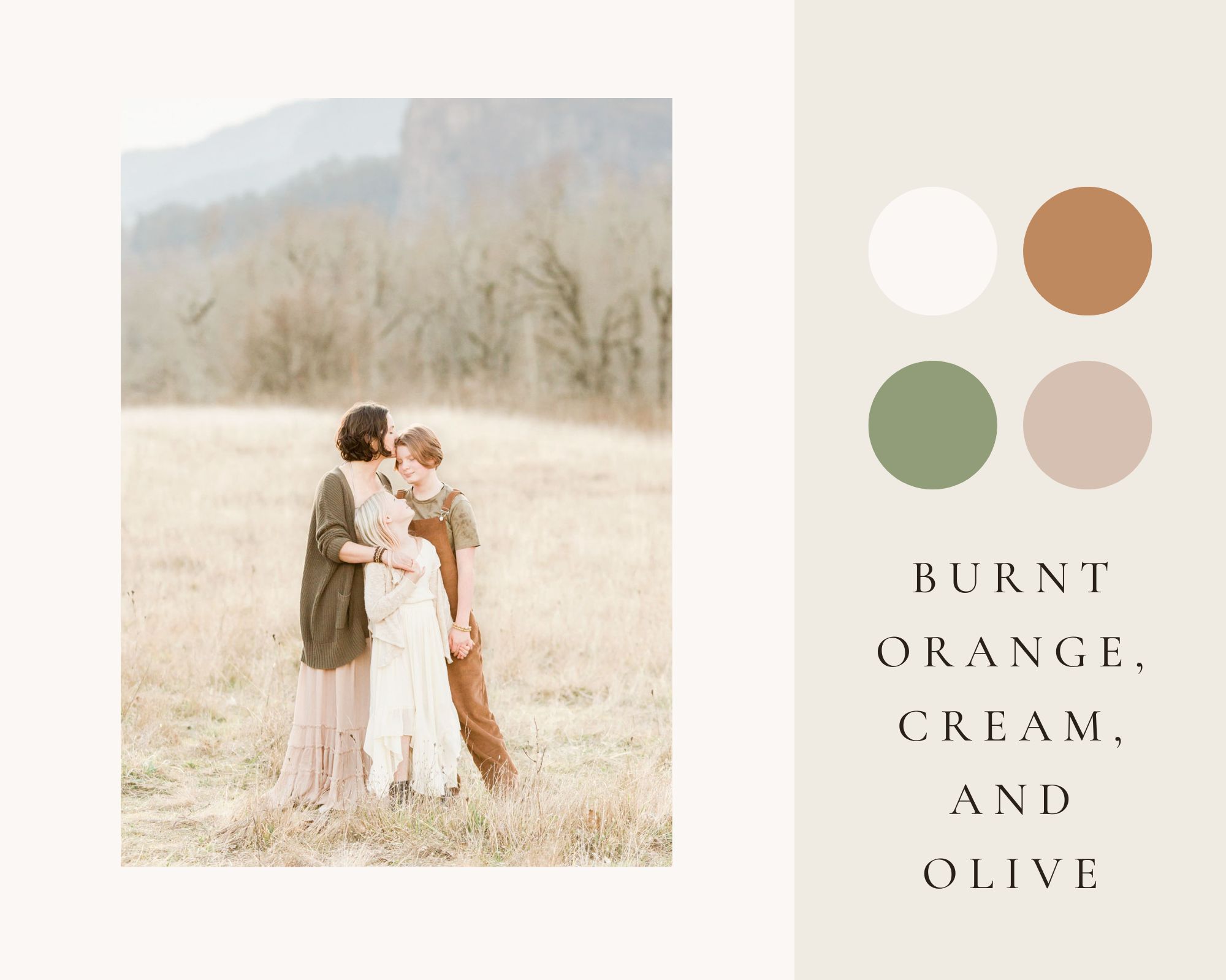 Family photo with burnt orange, olive, and cream color palette