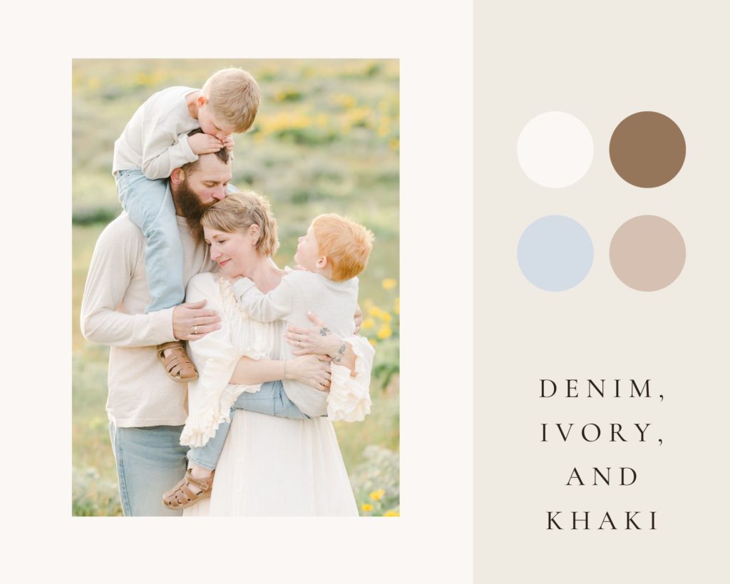 Family wearing their best colors for family pictures outside: denim, ivory, and khaki