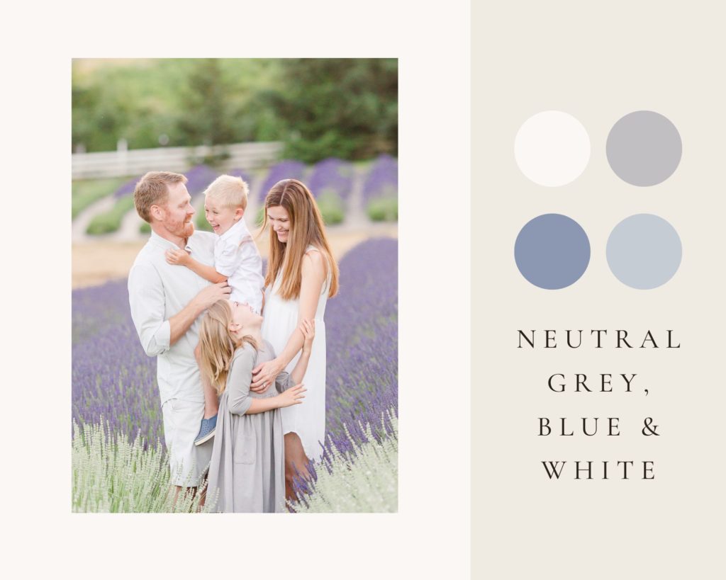 neutral colors family photos at a lavender field