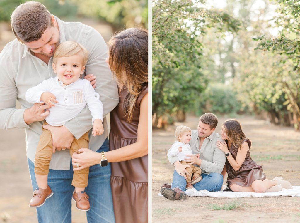 family of three in a orchard for outdoor fall family photos