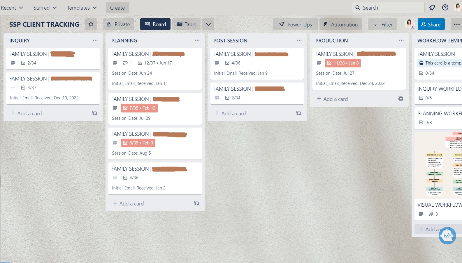 screenshot of trello board used for photography workflow organization