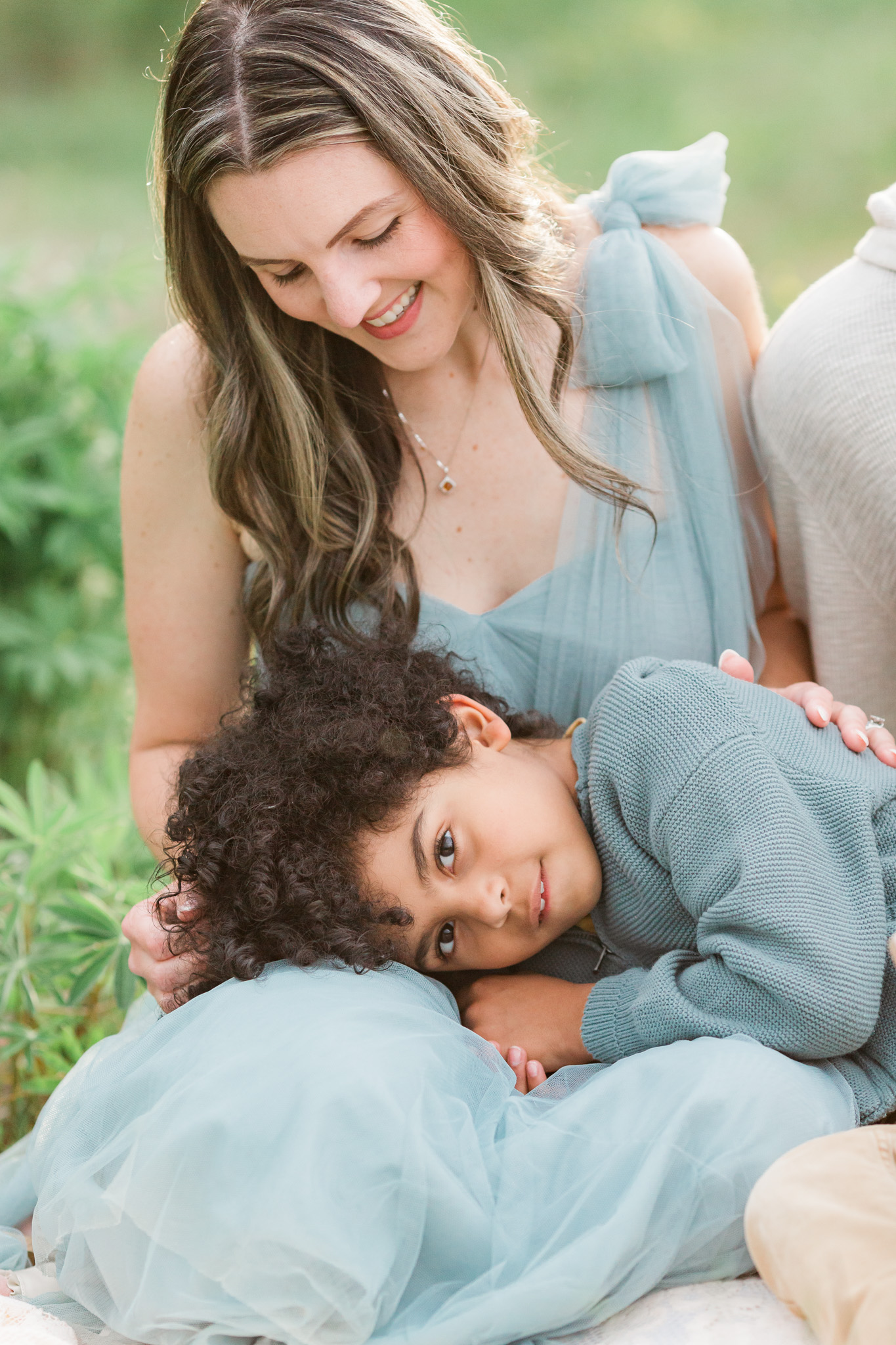 mom and son during outdoor family portraits